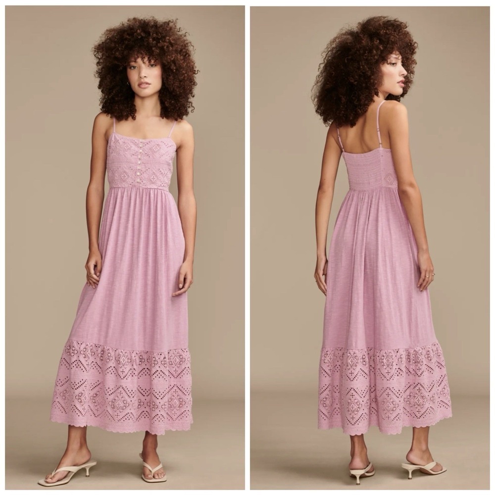 Lucky‎ Brand Maxi Dress Medium 100% Cotton Eyelet Sundress Sleeveless Smocked